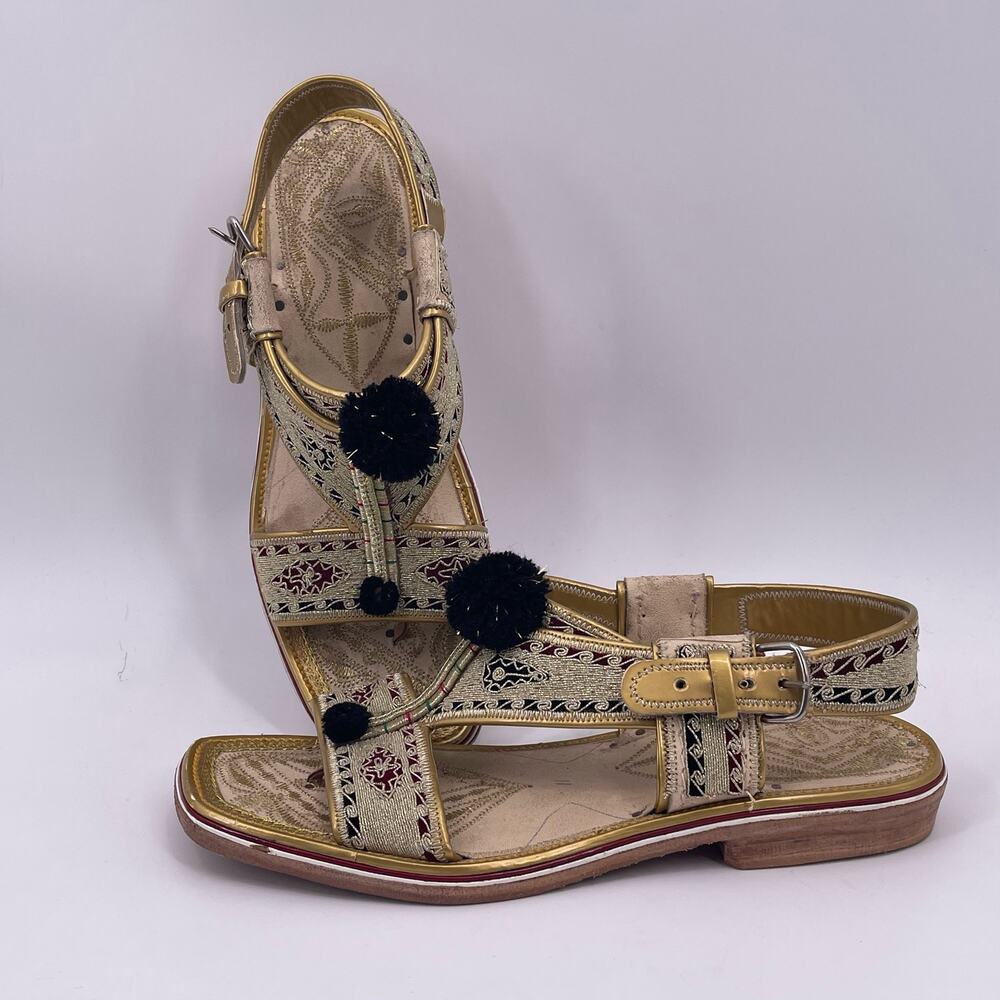 Gold Metallic Handmade Leather Sandals Sz 11 Square Open Toe Embroidered Buckle